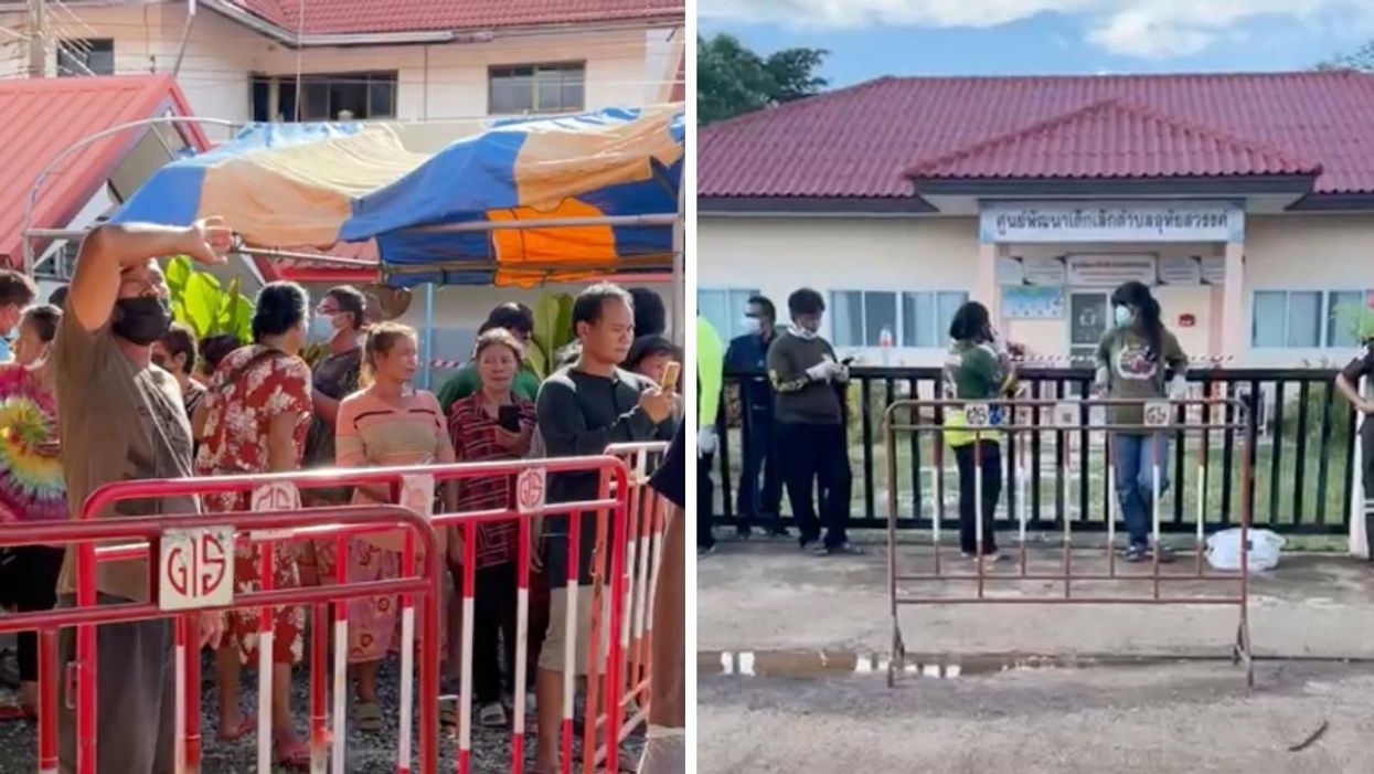 Crowds gather outside a daycare in Uthai Sawan, Thailand, after a mass shooting.