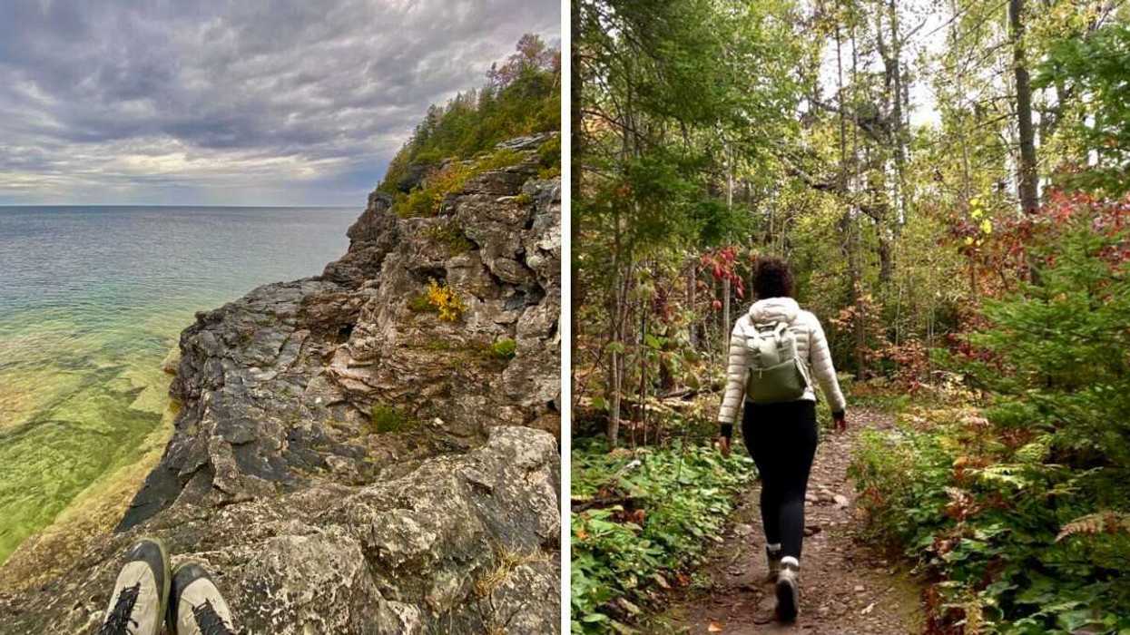 Crystal-clear turquoise waters and rugged limestone cliffs along Georgian Bay. Right: Hiking through the colourful fall foliage on Marr Lake Trail in Ontario's Bruce Peninsula.