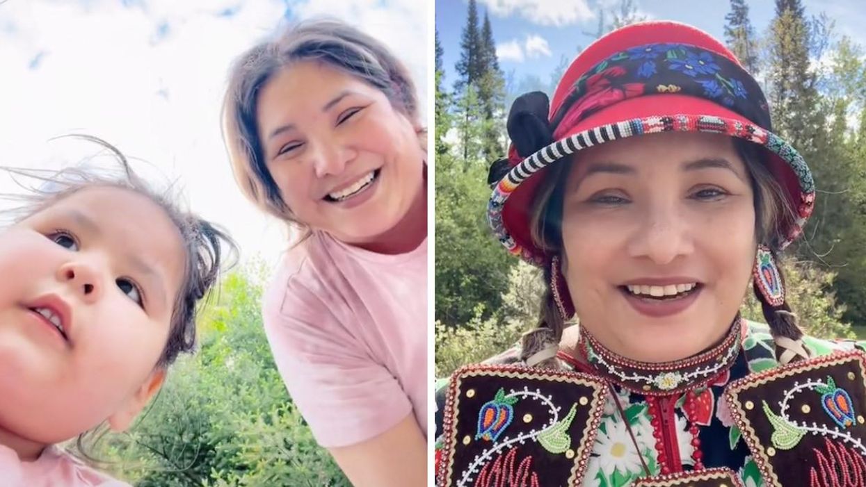Crystal Harrison Collin with her granddaughter. Right: Indigenous TikToker Crystal Harrison Collin.