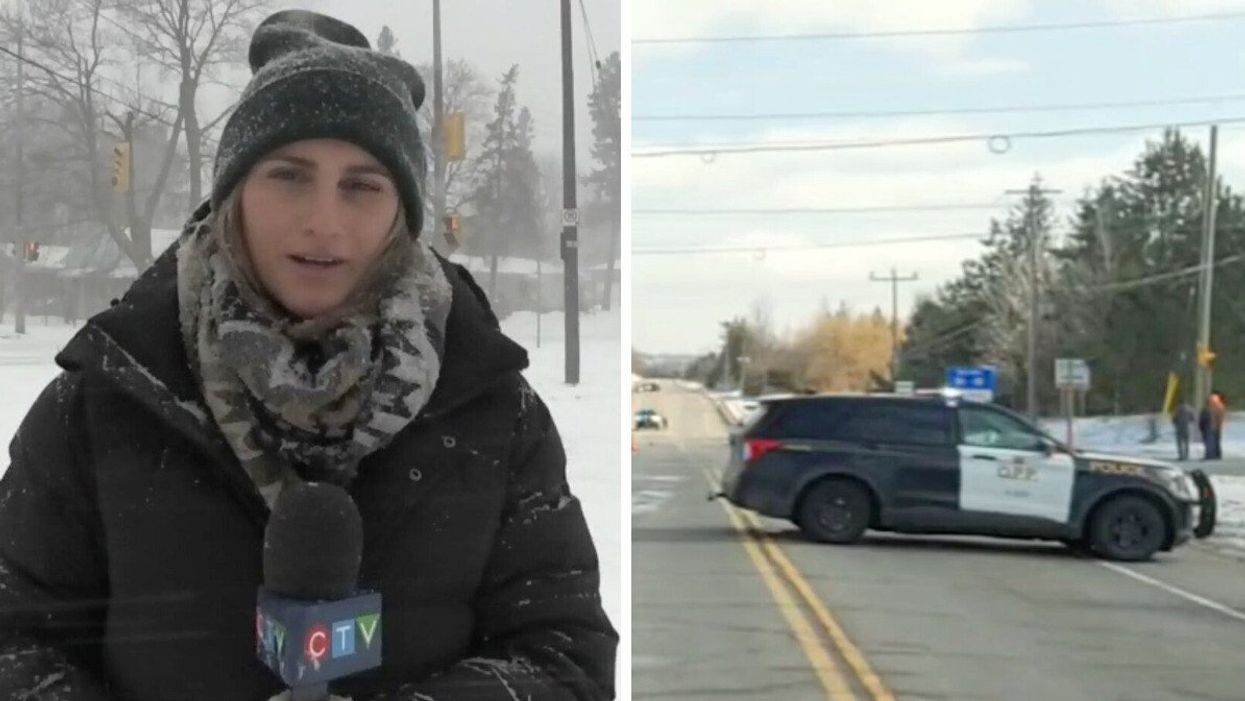 CTV Kitchener reporter Stephanie Villella. Right: OPP on the scene of a crash south of Guelph, Ontario.
