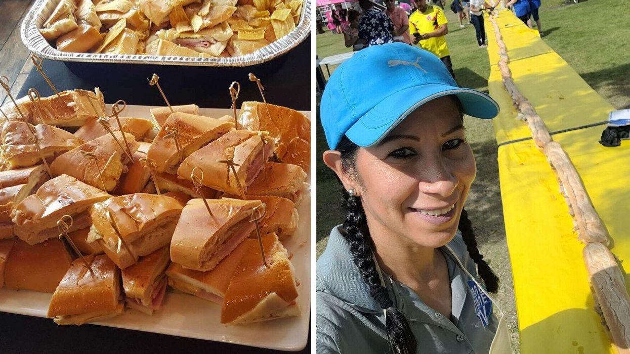 Cuban sandwiches on a plate. Right: A woman taking a selfie with a long Cuban sandwich.