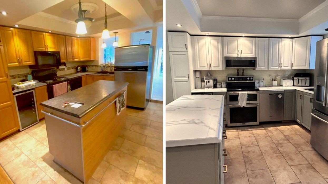 Cuisine avec armoires en bois blond, des comptoirs foncés et des électroménagers noirs. Droite : La même cuisine avec des armoires blanches et grises, des électroménagers en stainless et des comptoirs marbrés.