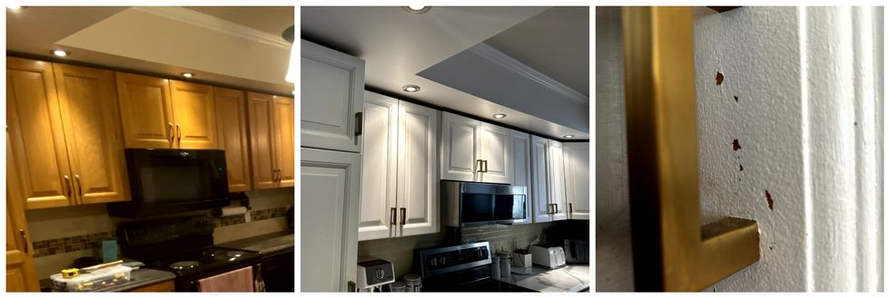 Cuisine avec armoires en bois, des comptoirs noir et des \u00e9lectrom\u00e9nager noirs. Centre : La m\u00eame cuisine avec des armoires blanches et grises, des \u00e9lectrom\u00e9nagers en stainless et des comptoirs marbr\u00e9s. Droite : La peinture blanche qui s'\u00e9caille autour d'une poign\u00e9e dor\u00e9e.