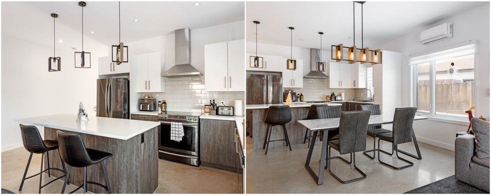 Cuisine blanche et grise avec \u00eelot. Droite : Table \u00e0 diner marbr\u00e9e avec des chaises grises devant une cuisine blanche et grise avec \u00eelot.