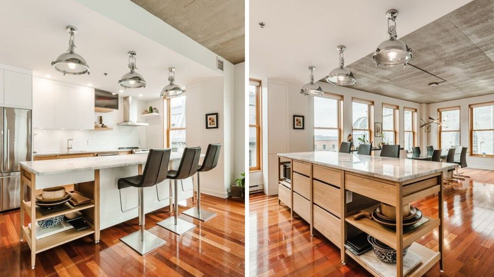 Cuisine. Droite : Cuisine et salle \u00e0 manger.