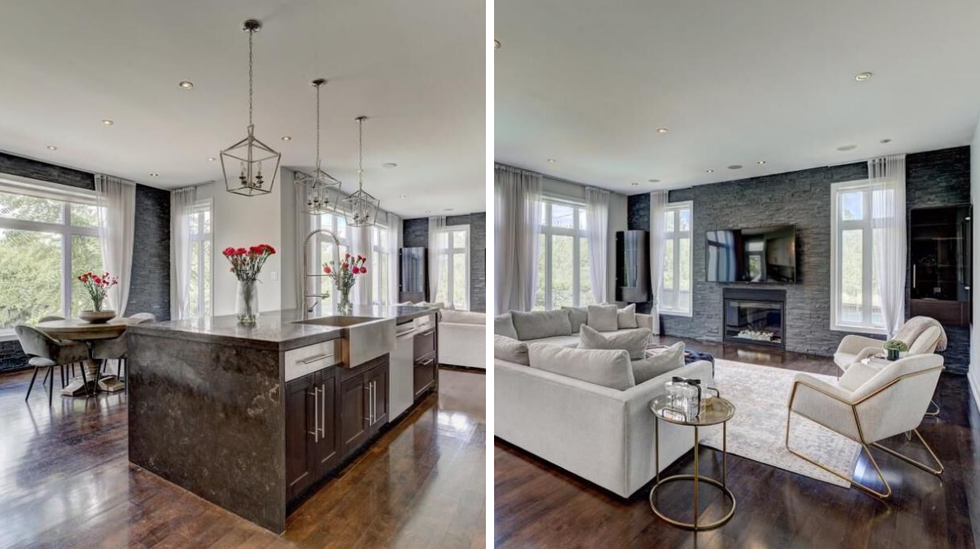 Cuisine. Droite : S\u00e9jour.