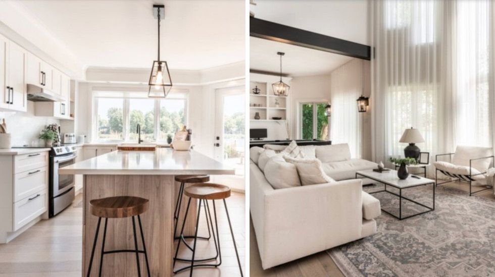 Cuisine. Droite : Salon.