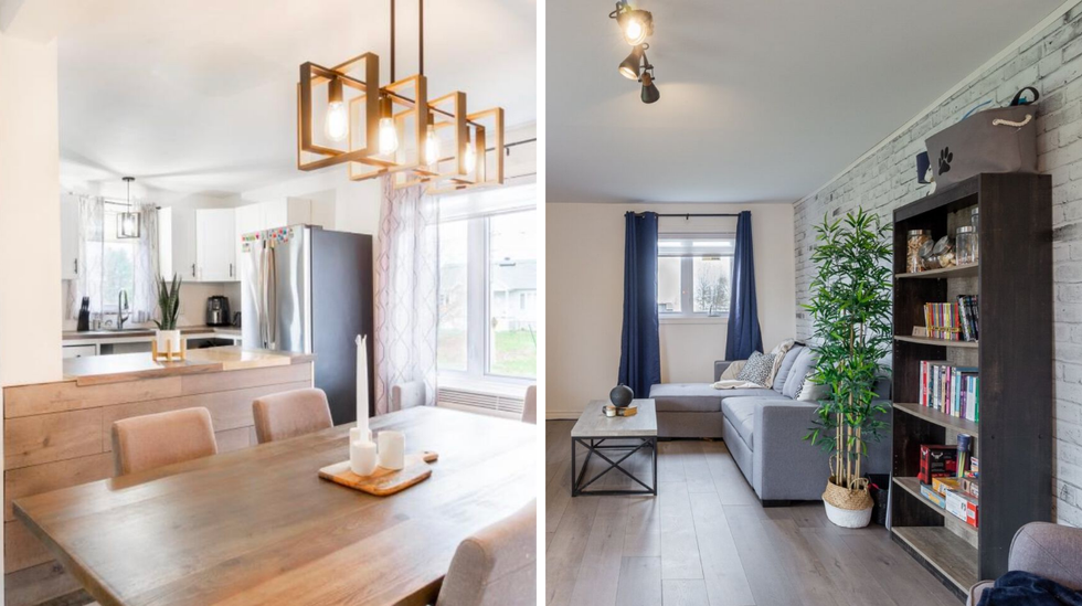 Cuisine. Droite : Salon.