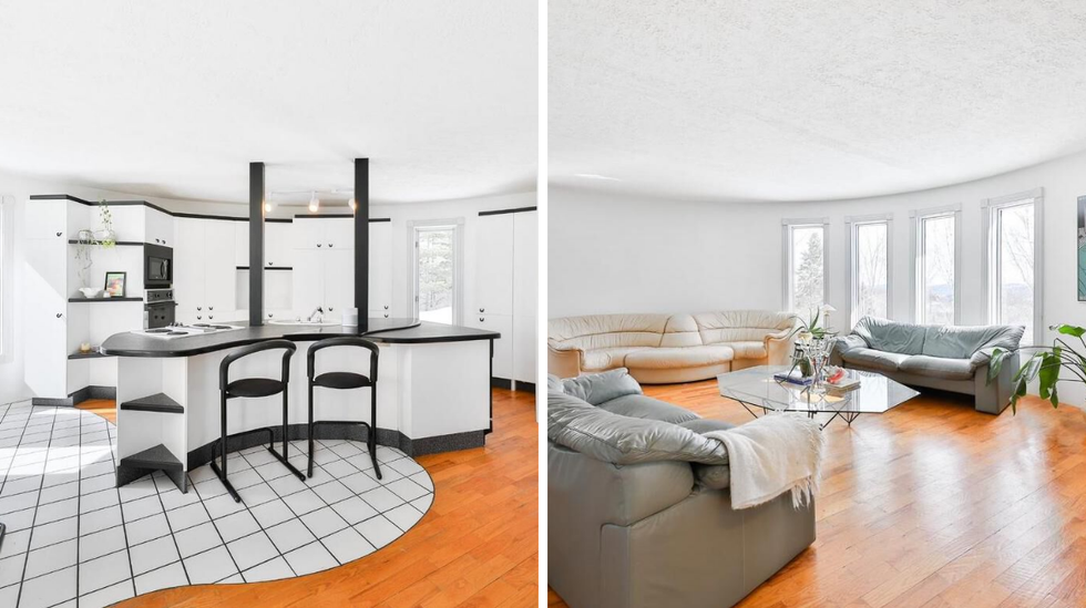 Cuisine. Droite : Salon.