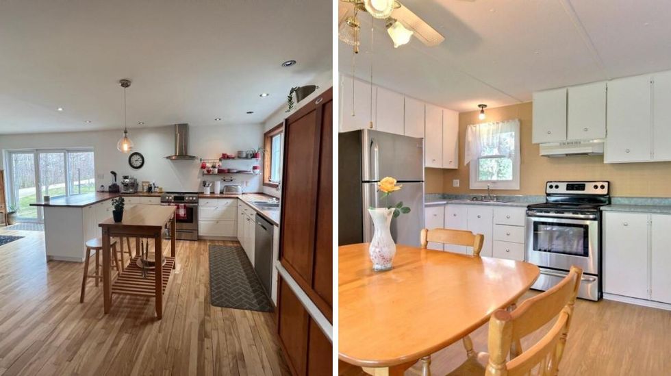 Cuisine du 1353, chemin Verpaelst, Sherbrooke, QC. Droite : Cuisine du 35, rue de la Butte, Sherbrooke, QC.