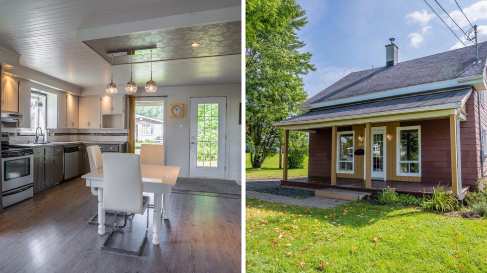 Cuisine et salle \u00e0 manger. Droite : Fa\u00e7ade de la maison.