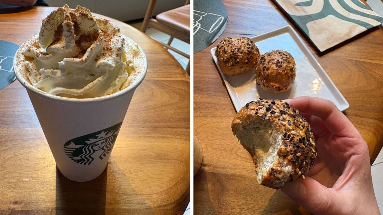 cup of starbucks pumpkin spice latte on a table. right: person holding starbucks mini everything bagel