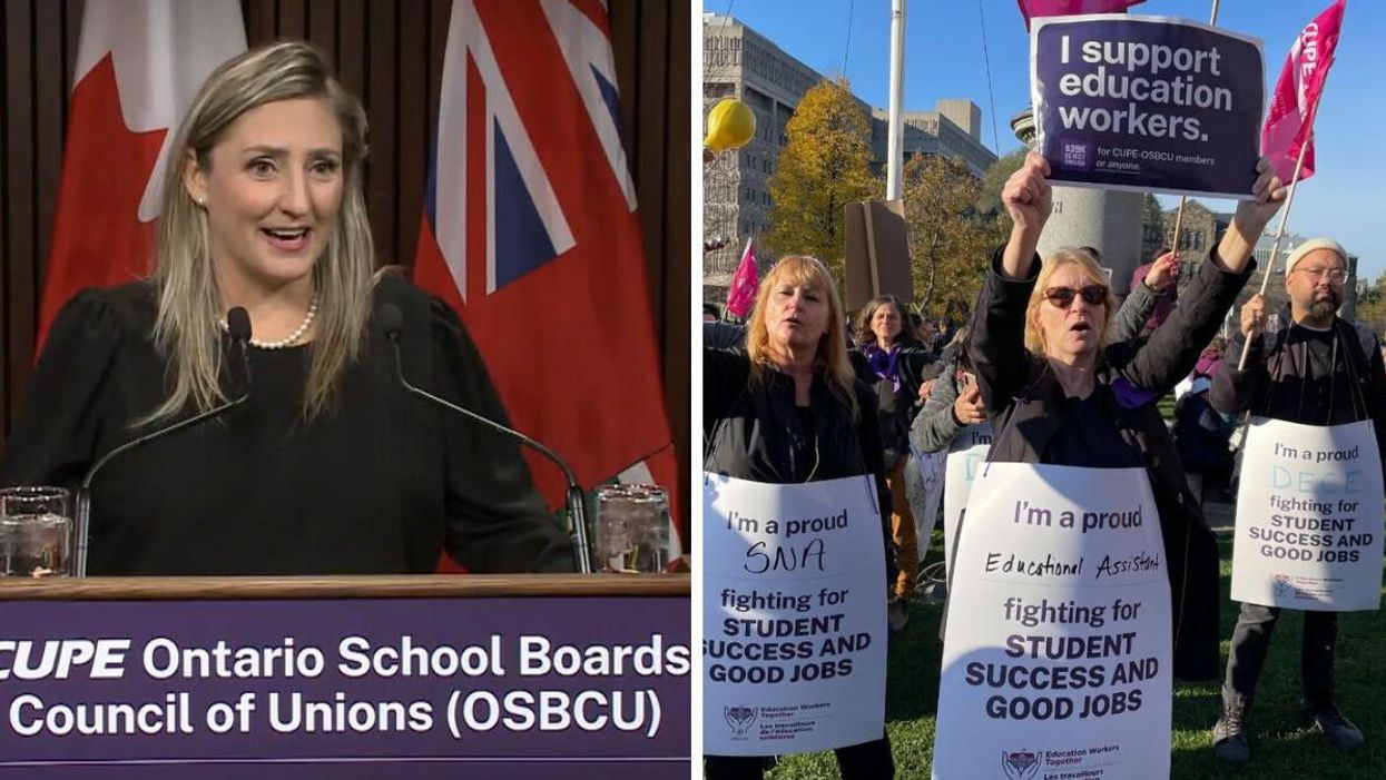 CUPE-OSBCU President Laura Walton. Right: Ontario education workers on strike.