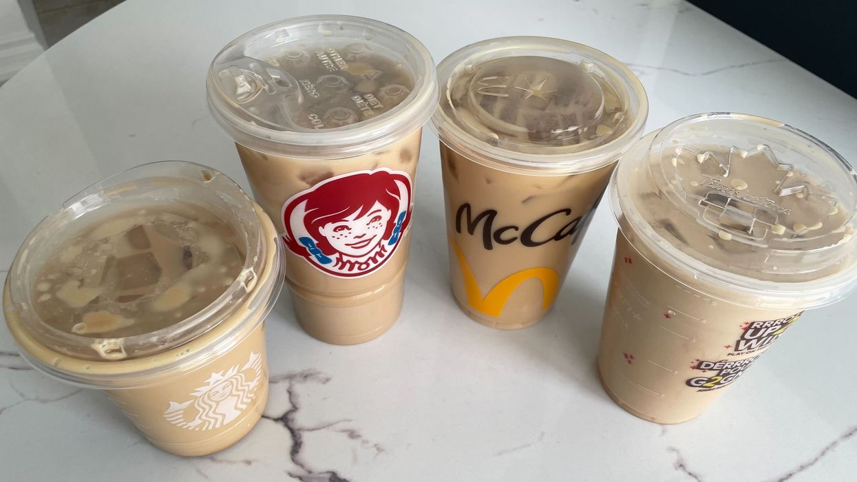 cups of starbucks, wendy's, mcdonald's and tim hortons iced coffee