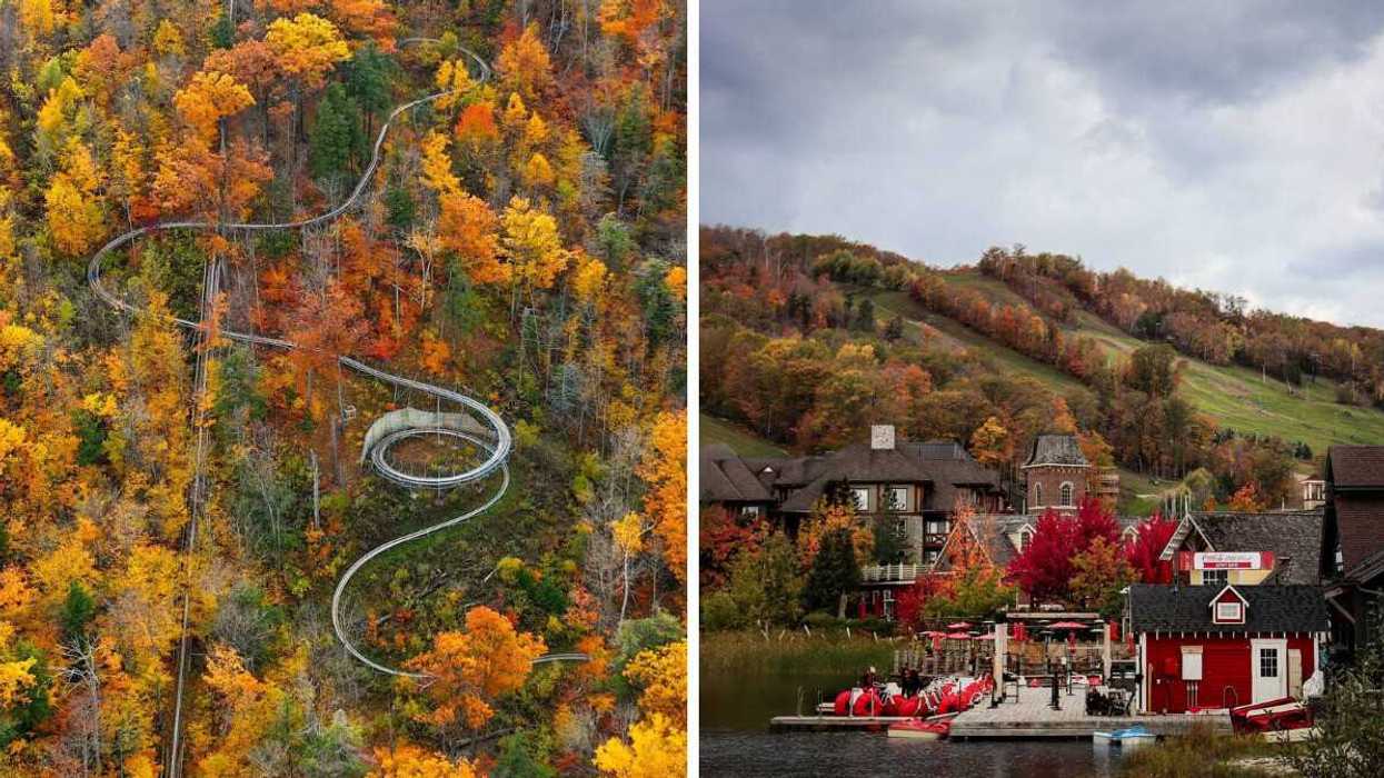 Curving mountain coaster through fall colours. Right: A waterfront village amid vibrant autumn foliage in the mountains.