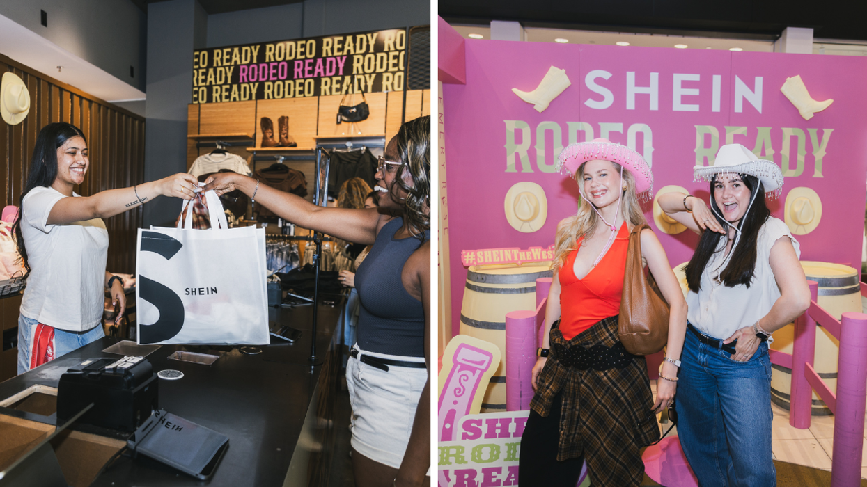 Customer receives a shopping bag at the SHEIN Rodeo Ready pop-up store featuring Western-themed fashion items., Right: Two women wearing cowboy hats pose in front of a pink SHEIN Rodeo Ready backdrop at a themed event activation.