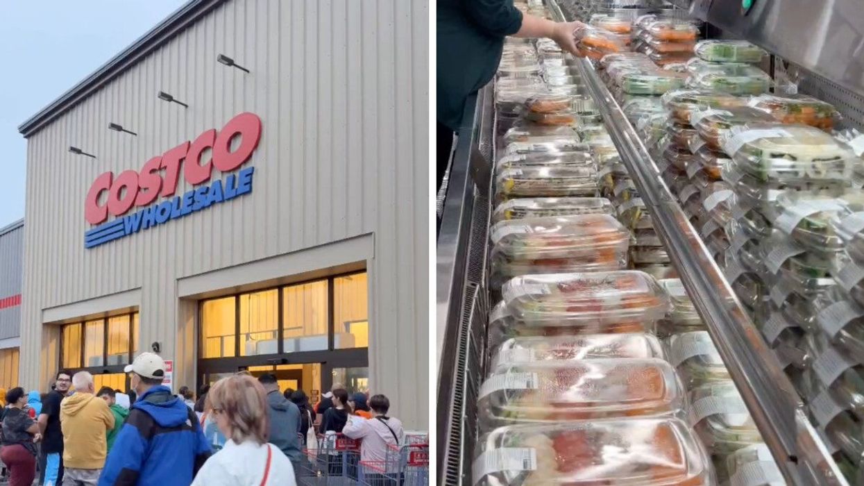 Customers queueing up for the Costco in Newmarket on opening day. Right: The sushi bar at the Costco in Newmarket.