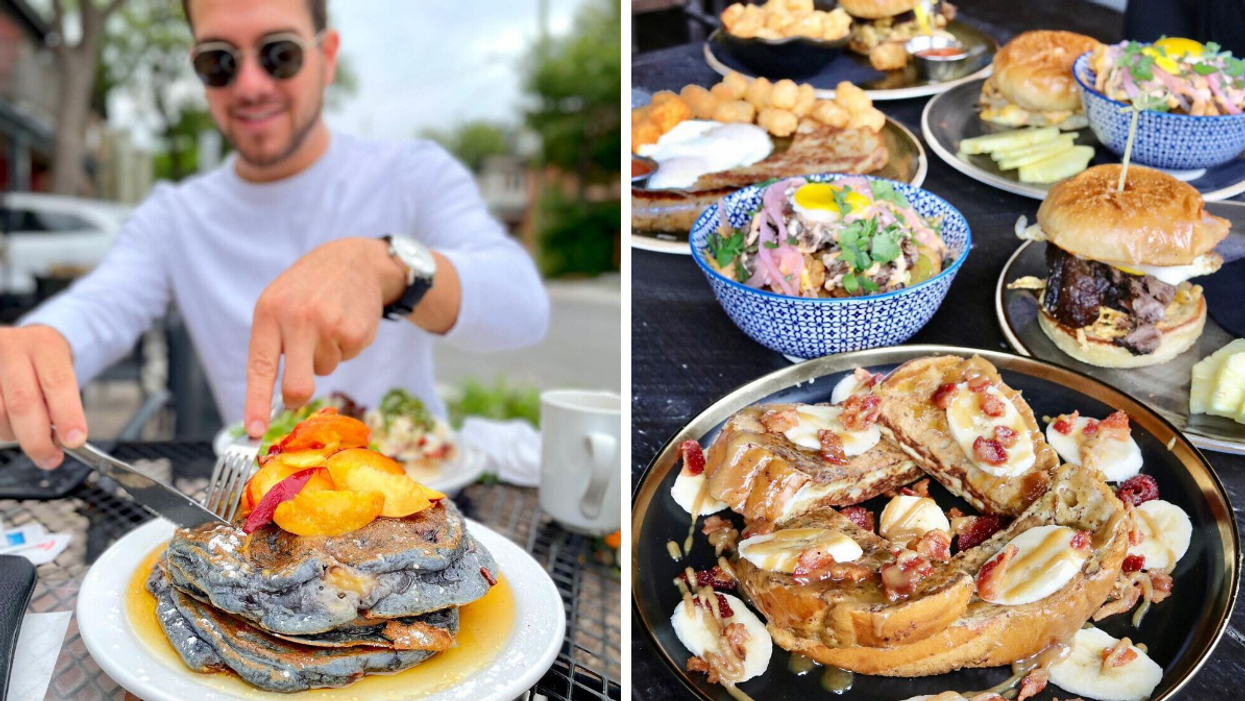 Cutting a stack of fruity pancakes. Right: Tables full of southern brunch meals.