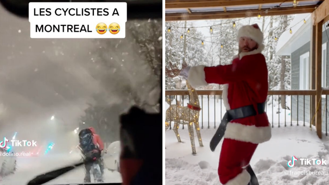 Cycliste à Montréal. Droite : père Noël.