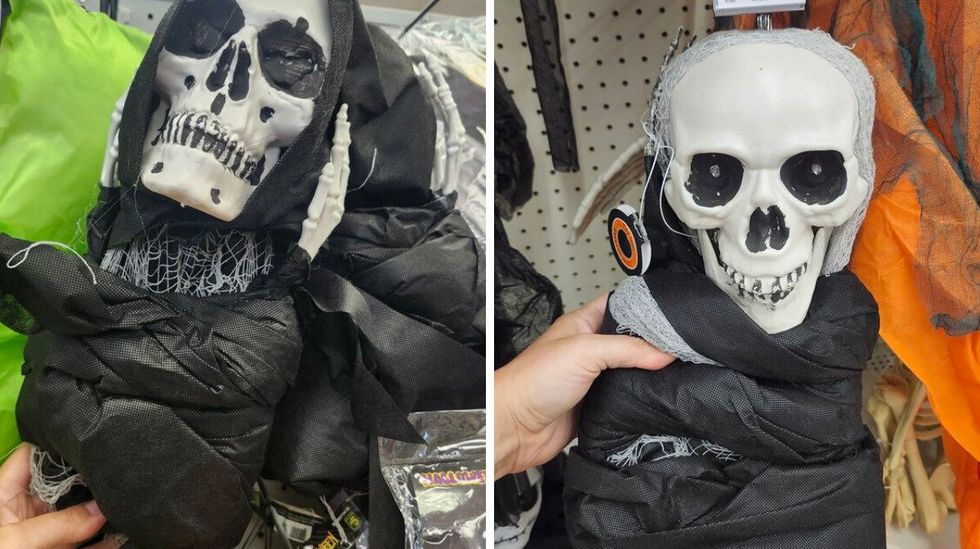 D\u00e9coration suspendue avec t\u00eate de squelette.