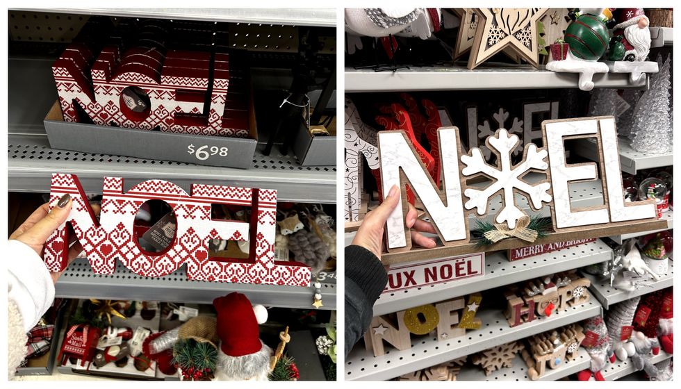 D\u00e9coration \u00ab No\u00ebl \u00bb rouge et blanche. Droite : D\u00e9coration \u00ab No\u00ebl \u00bb en bois avec accent blanc marbr\u00e9.