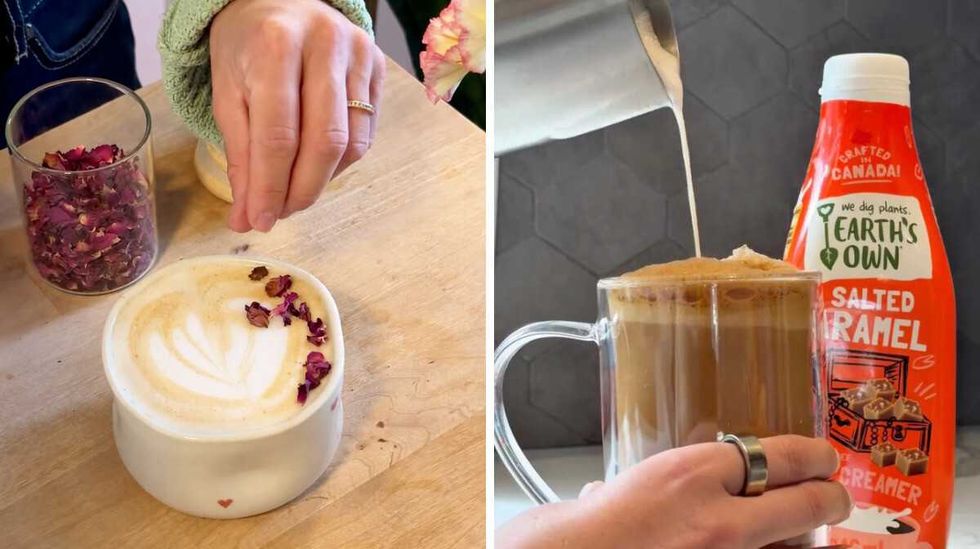 D\u00e9corer un latte avec des p\u00e9tales de rose. \u00c0 droite : Verser de la cr\u00e8me \u00e0 caf\u00e9 au caramel sal\u00e9 dans un verre.
