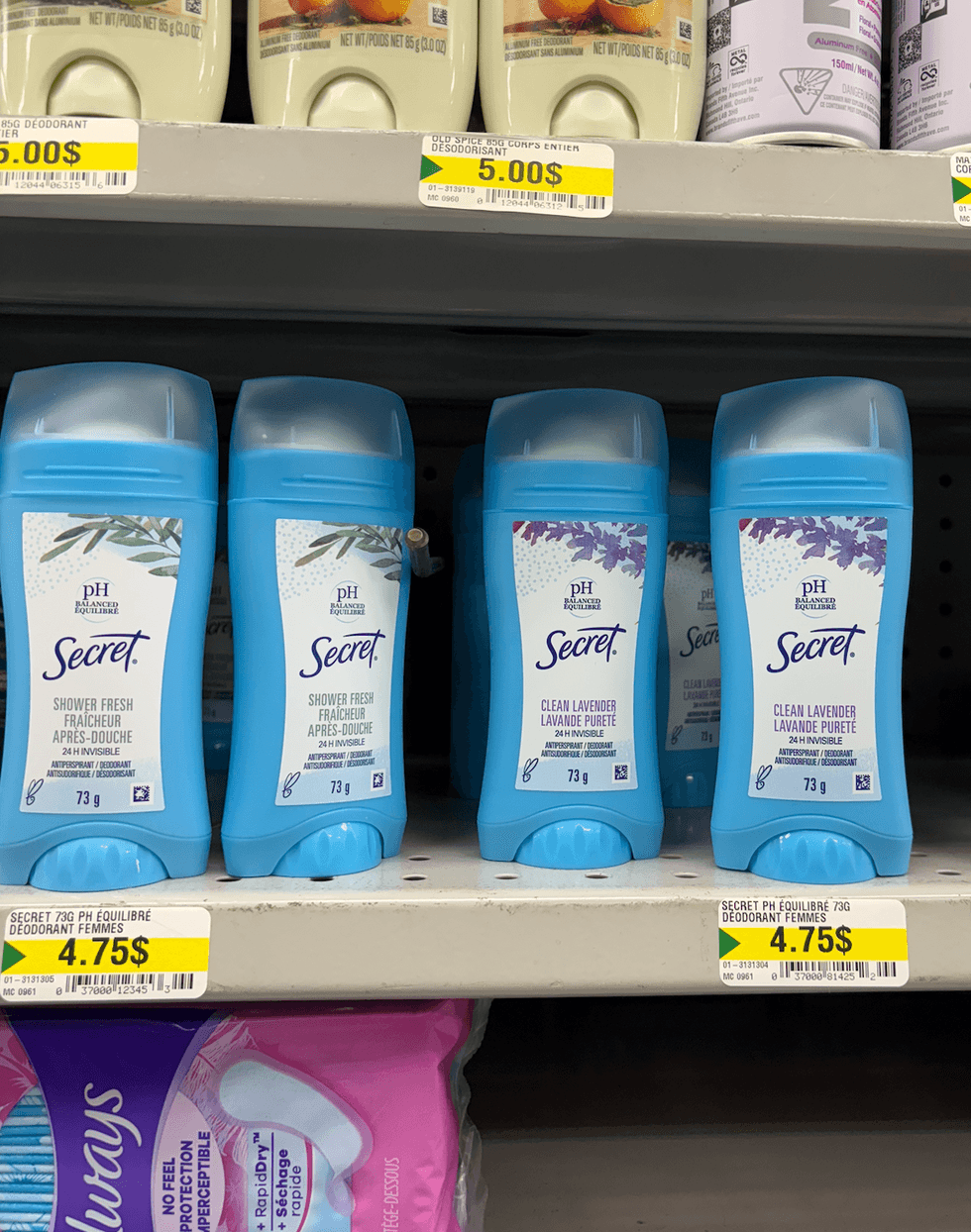 D\u00e9odorant antisudorifique Secret invisible sur les tablettes du Dollarama.