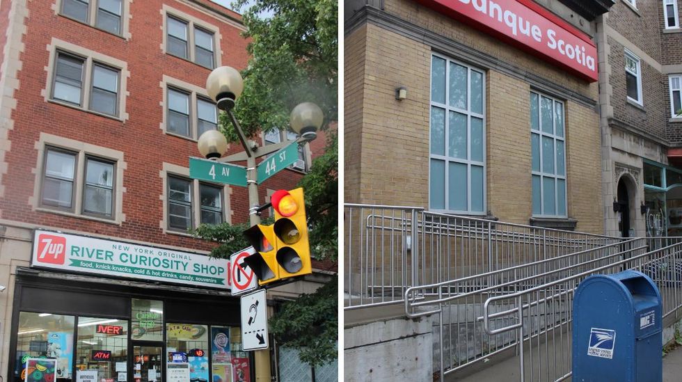D\u00e9panneur am\u00e9ricain \u00e0 Montr\u00e9al. Droite : Banque Scotia et bo\u00eete \u00e0 lettres am\u00e9ricaine \u00e0 Montr\u00e9al.