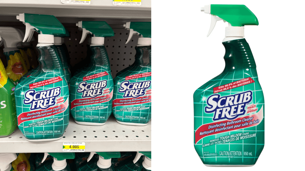 D\u00e9sinfectant Scrub Free sur les tablettes du Dollarama. Droite : D\u00e9sinfectant Scrub Free sur le site du Tigre G\u00e9ant.