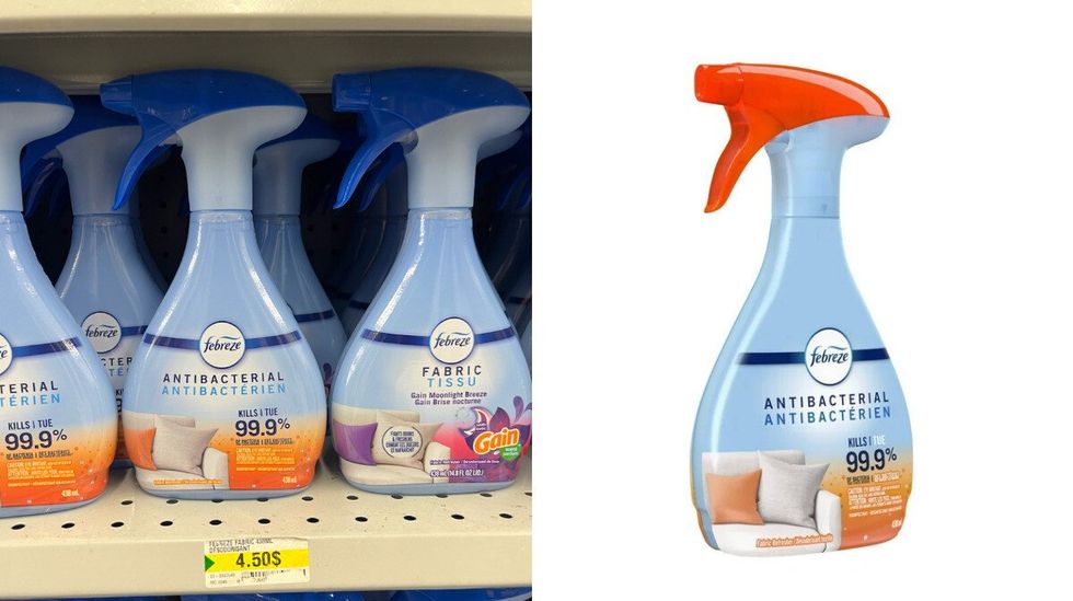 D\u00e9sodorisants pour textiles antibact\u00e9rien Febreze au Dollarama. Droite : D\u00e9sodorisants textiles antibact\u00e9rien Febreze sur le site de Walmart.