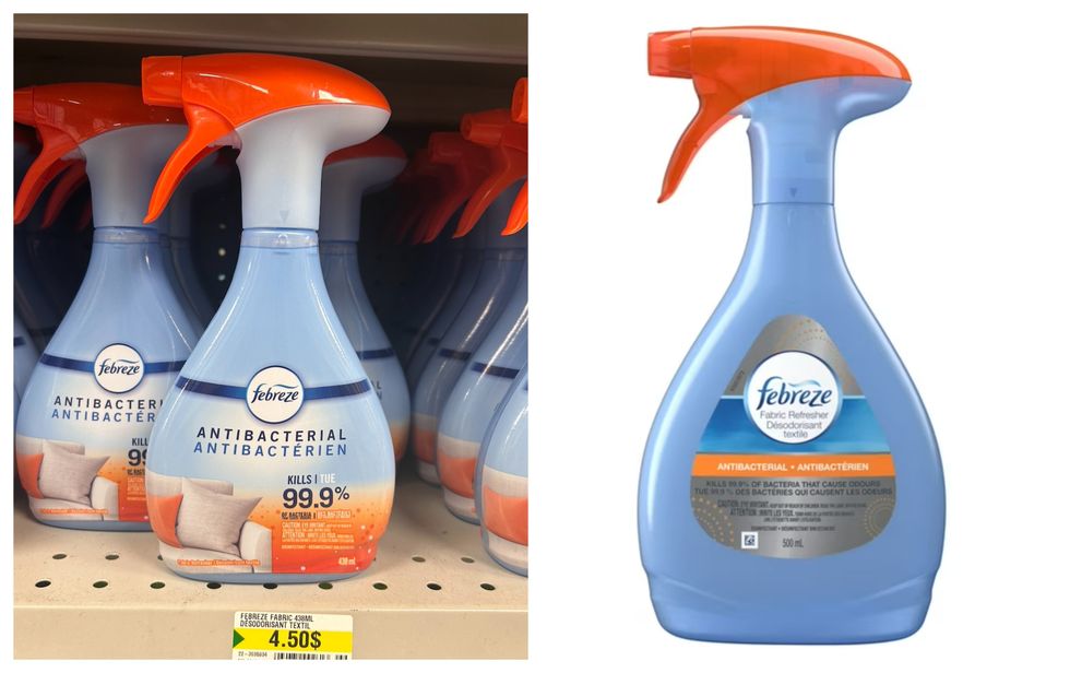 D\u00e9sodorisants textile antibact\u00e9rien Febreze au Dollarama. Droite : D\u00e9sodorisants textile antibact\u00e9rien Febreze sur le site de Walmart.