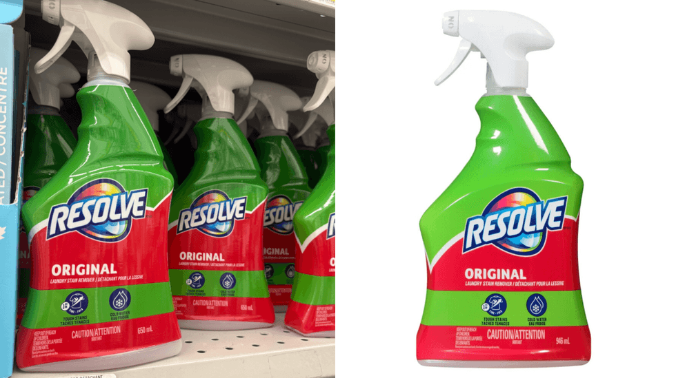 D\u00e9tachant pour la lessive Resolve sur les tablettes du Dollarama. Droite : D\u00e9tachant pour la lessive Resolve sur le site du Tigre G\u00e9ant.