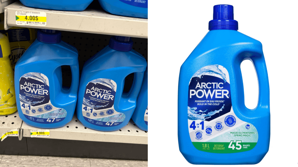 D\u00e9tergent \u00e0 lessive Arctic Power sur les tablettes du Dollarama. Droite : D\u00e9tergeant \u00e0 lessive Arctic Power sur le site du Tigre G\u00e9ant.