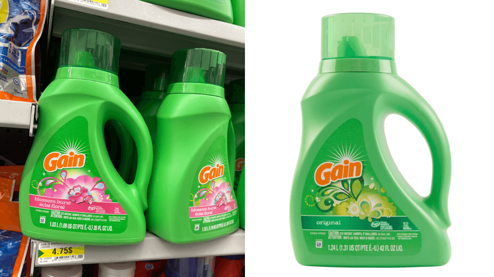 D\u00e9tergent \u00e0 lessive Gain sur les tablettes du Dollarama. Droite : D\u00e9tergeant \u00e0 lessive Gain sur le site du Tigre G\u00e9ant.