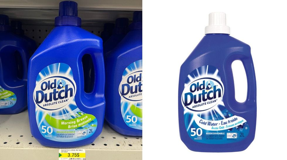 D\u00e9tergent \u00e0 lessive liquide Old Dutch, eau froide, biod\u00e9gradable, au Dollarama. Droite : D\u00e9tergent \u00e0 lessive liquide Old Dutch, eau froide, biod\u00e9gradable, sur le site de Canadian Tire.