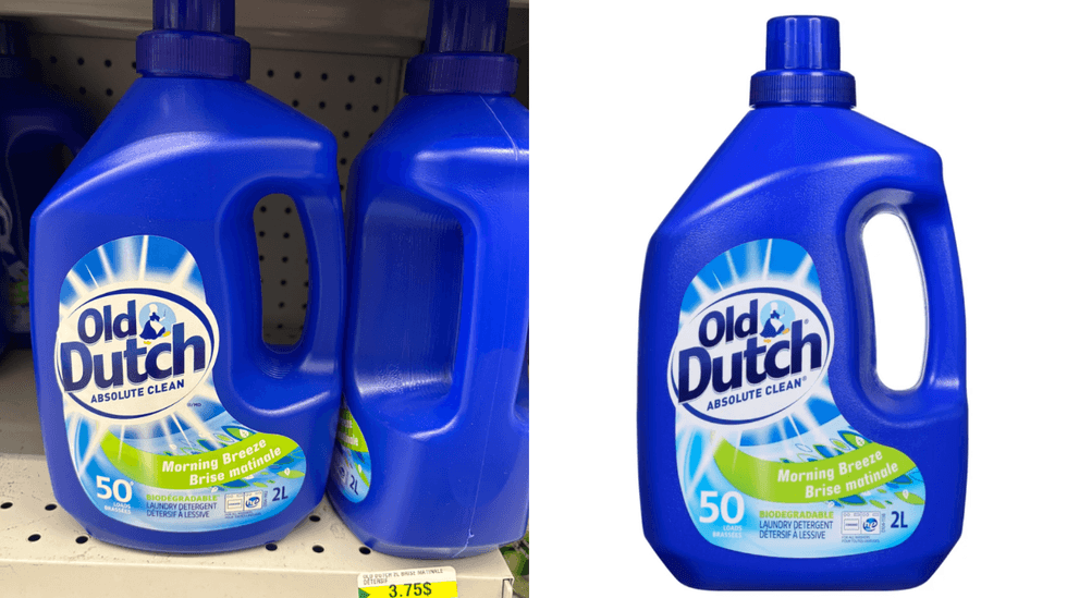 D\u00e9tergent \u00e0 lessive Old Dutch sur les tablettes du Dollarama. Droite : D\u00e9tergent \u00e0 lessive Old Dutch sur le site du Tigre G\u00e9ant.