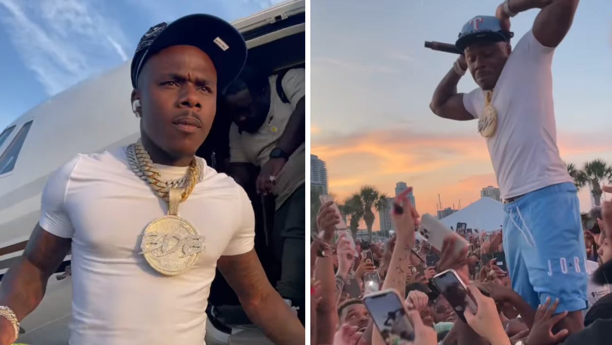 DaBaby getting out of a private jet. Right: DaBaby performing in St. Petersburg, Florida.