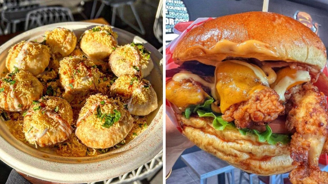 Dahi puri from Eggholic. Right: A chicken burger from Gladiator Burger.