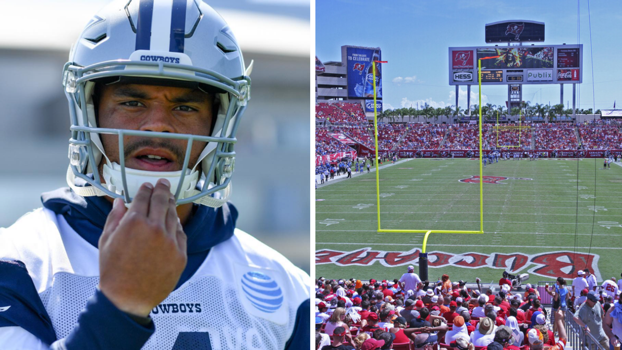 Dak Prescott in a Dallas Cowboys uniform. Right: Raymond James Stadium in Tampa Bay, FL.