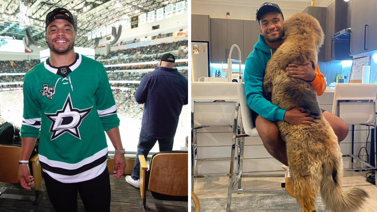 Dak Prescott in a Dallas Stars jersey. Right: Tua Tagovailoa with his dog.
