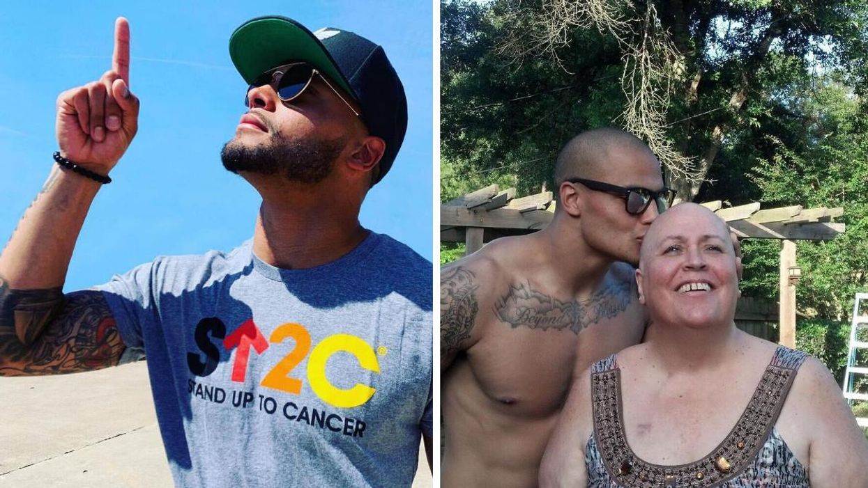 Dak Prescott pointing at the sky. Right: Prescott kissing his mother, Peggy.
