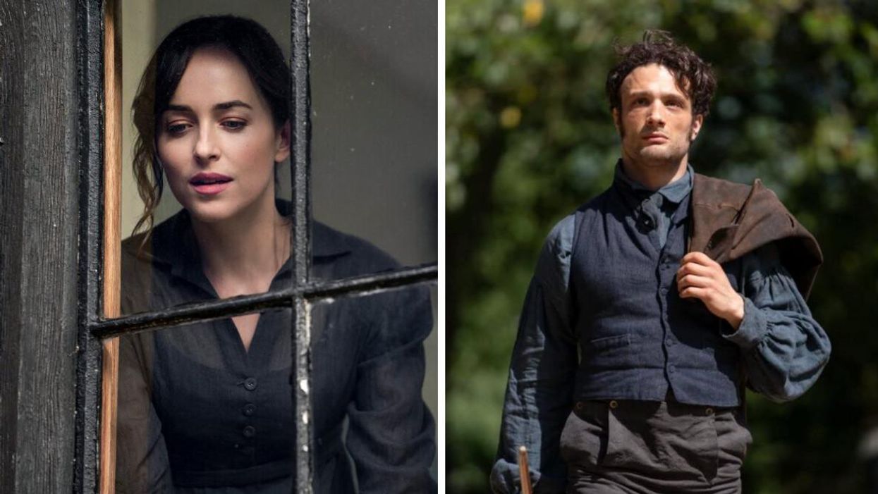 Dakota Johnson dans le rôle de Anne Elliot dans Persuasion sur Netflix. Droite : Cosmo Jarvis en tant que Frederick Wentworth.