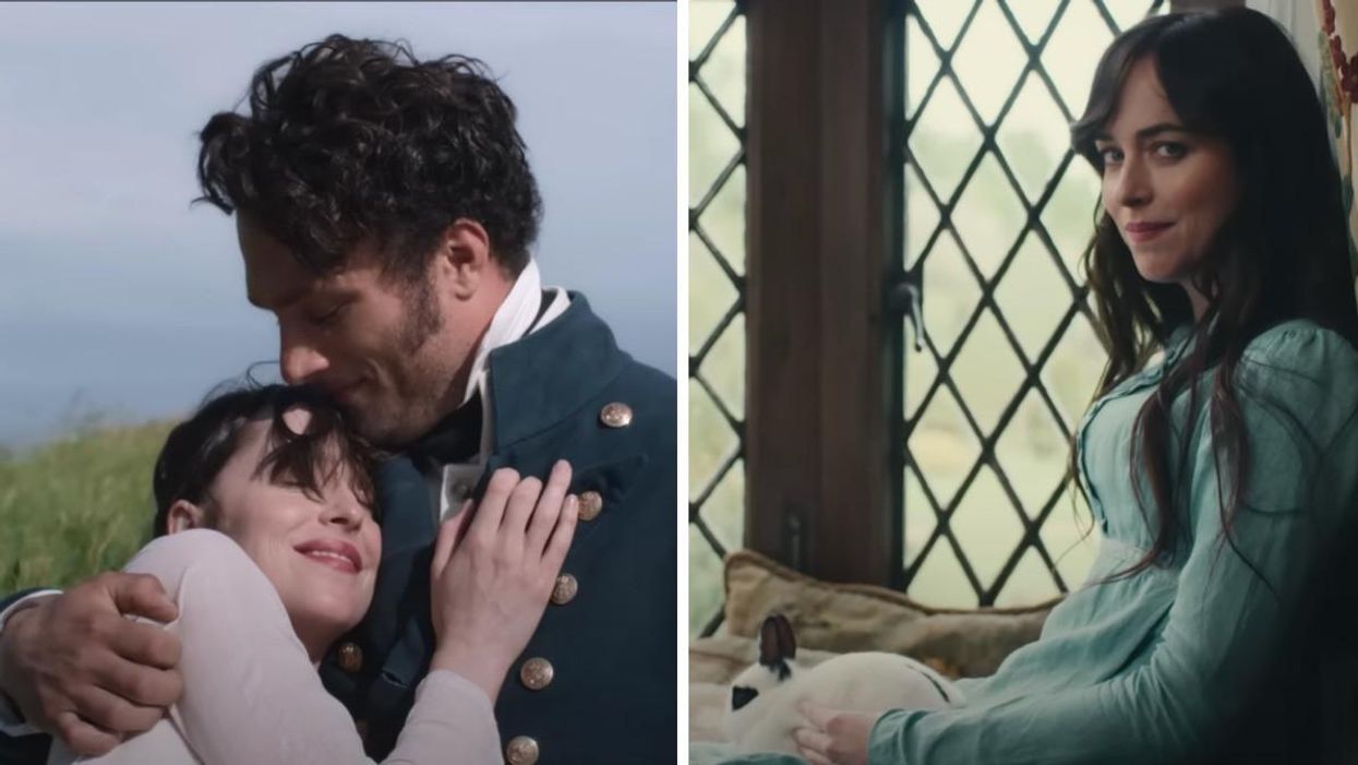 Dakota Johnson et Cosmo Jarvis dans Persuasion sur Netflix. Droite : Dakota Johnson dans Persuasion sur Netflix.