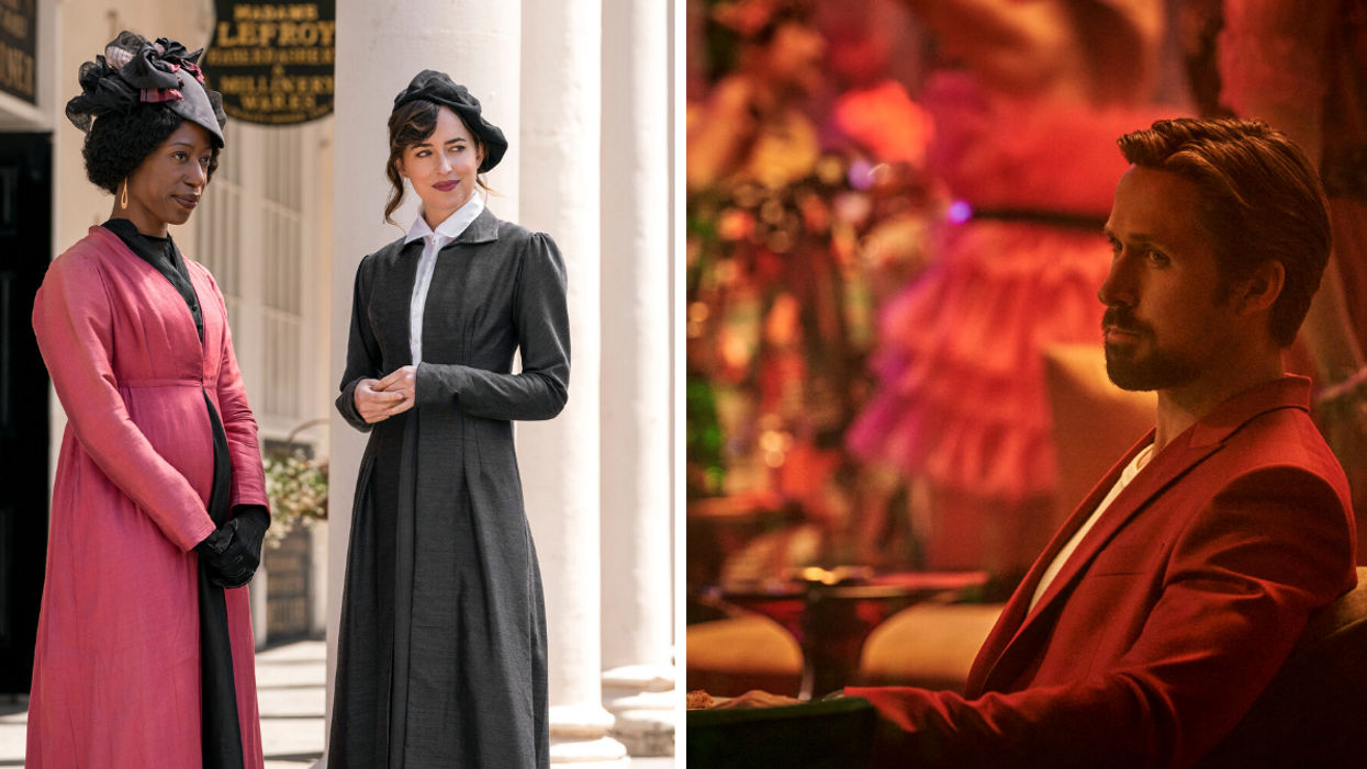 Dakota Johnson in regency wear staring in 'Persuasion'. Right: Ryan Gosling in 'The Gray Man' on Netflix.