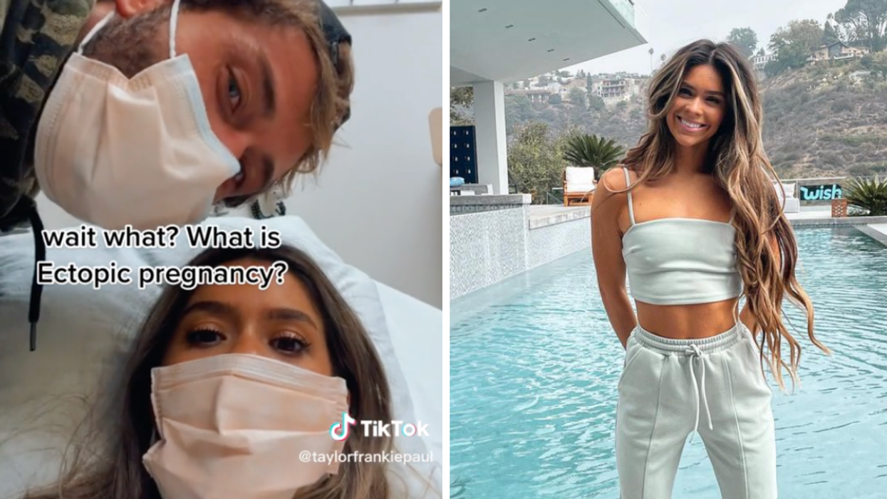 Dakota Mortensen and Taylor Frankie Paul in the hospital. Right: Taylor Frankie Paul in front of a pool.