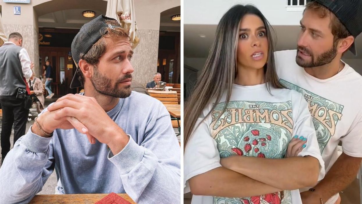 Dakota Mortensen posing in a restaurant. Right: Taylor Frankie Paul and Dakota Mortensen in matching shirts.