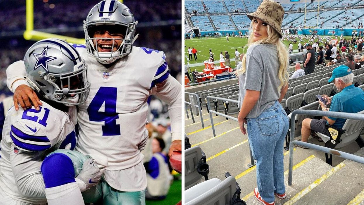 Dallas Cowboys Dak Prescott being held by teammate Zeke Elliott during a football game. Right: Jadyn Jannasch.
