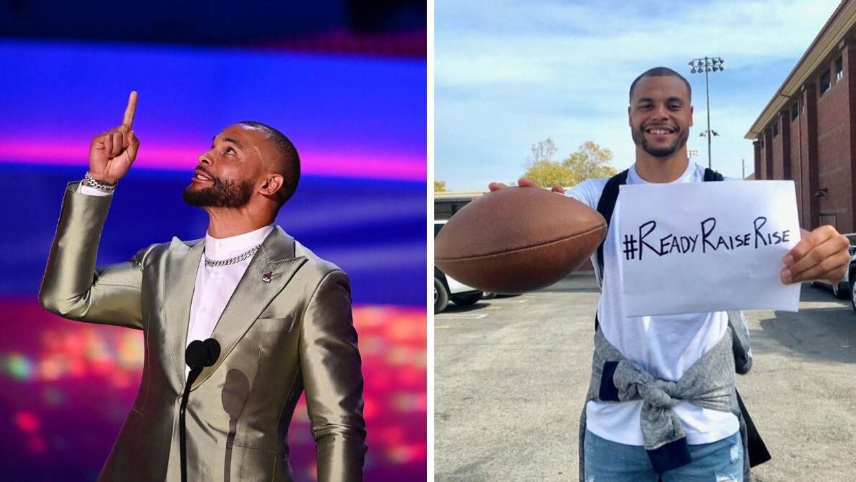 Dallas Cowboys QB Dak Prescott after winning the 2022 NFL Walter Payton Man of the Year. Right: Prescott holding a sign and a football ball.