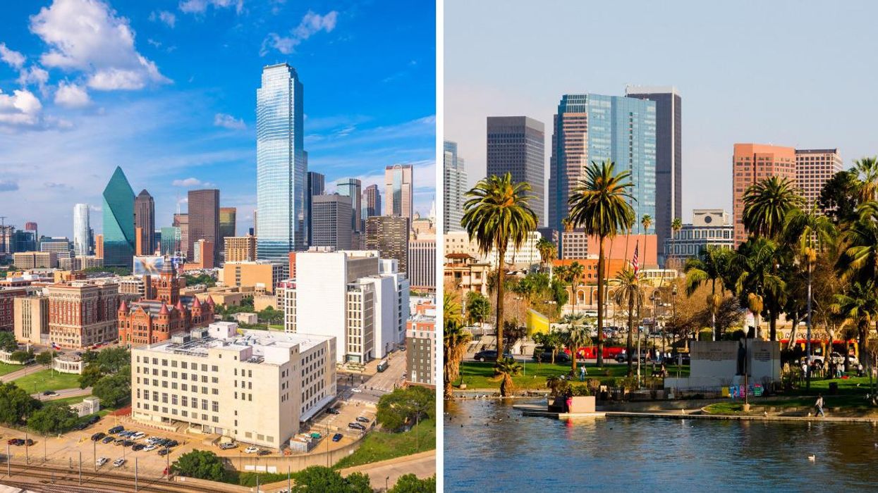 Dallas, Texas, at daylight. Right: Los Angeles, California, at daylight.