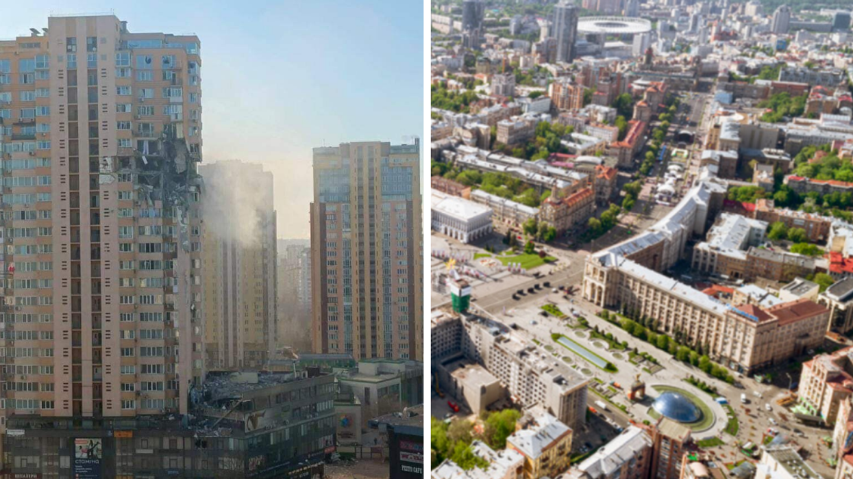 Damaged building in Ukraine. Right: Aerial shot of Kyiv in Ukraine.